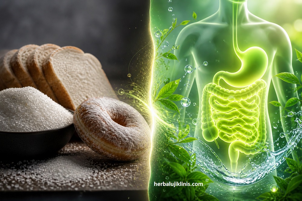 Ilustrasi medis usus sehat bercahaya yang terbebas dari bahaya gula dan tepung penyebab usus kotor, wujud keberhasilan detox usus sebagai cara alami menormalkan kolesterol.