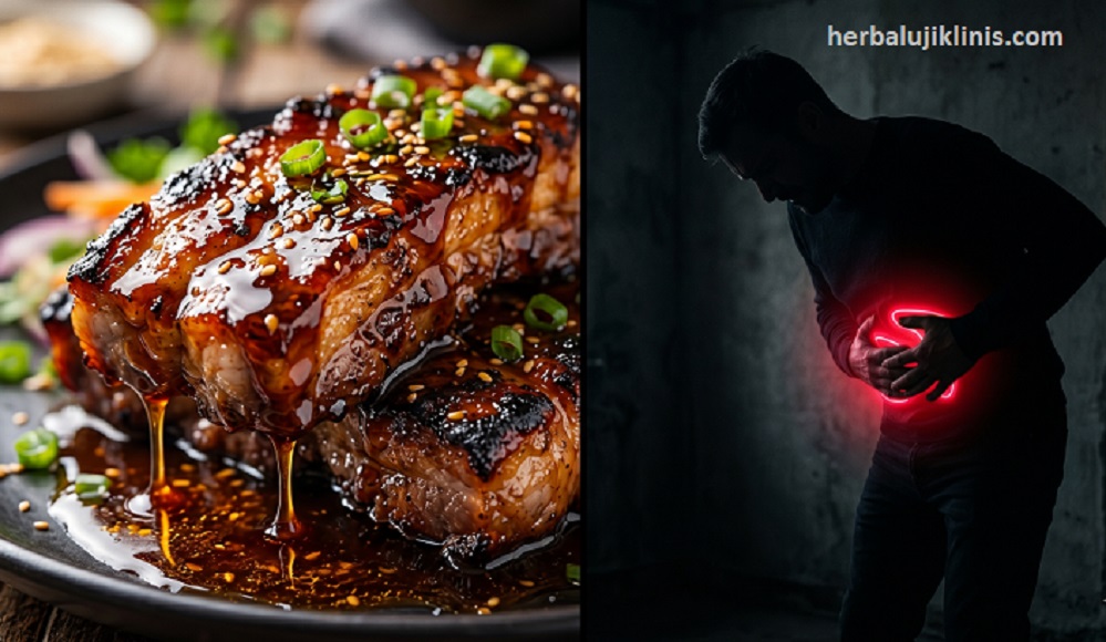 Ilustrasi perbandingan daging bumbu pekat yang lezat dengan pria memegangi perut kesakitan akibat bahaya daging bumbu pekat / makanan berlemak penyebab perut begah.