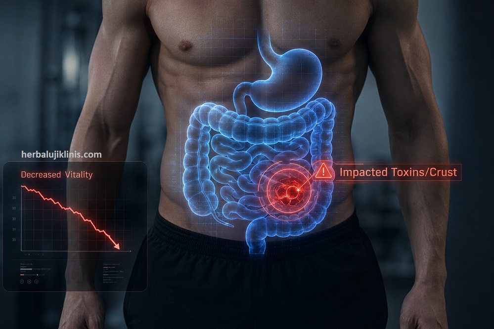 Visualisasi klinis Cross-Section usus menunjukkan bahaya kerak usus yang mengendap, menjadi pemicu tersembunyi vitalitas menurun dan perut buncit.