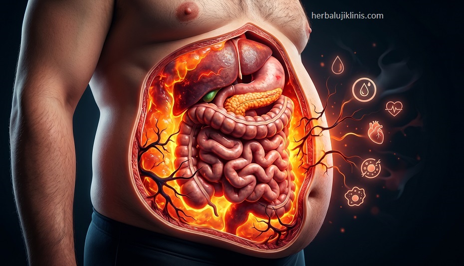 Ilustrasi medis peradangan metabolik berwarna merah menyala di dalam perut buncit yang menjadi akar masalah penyakit kronis.
