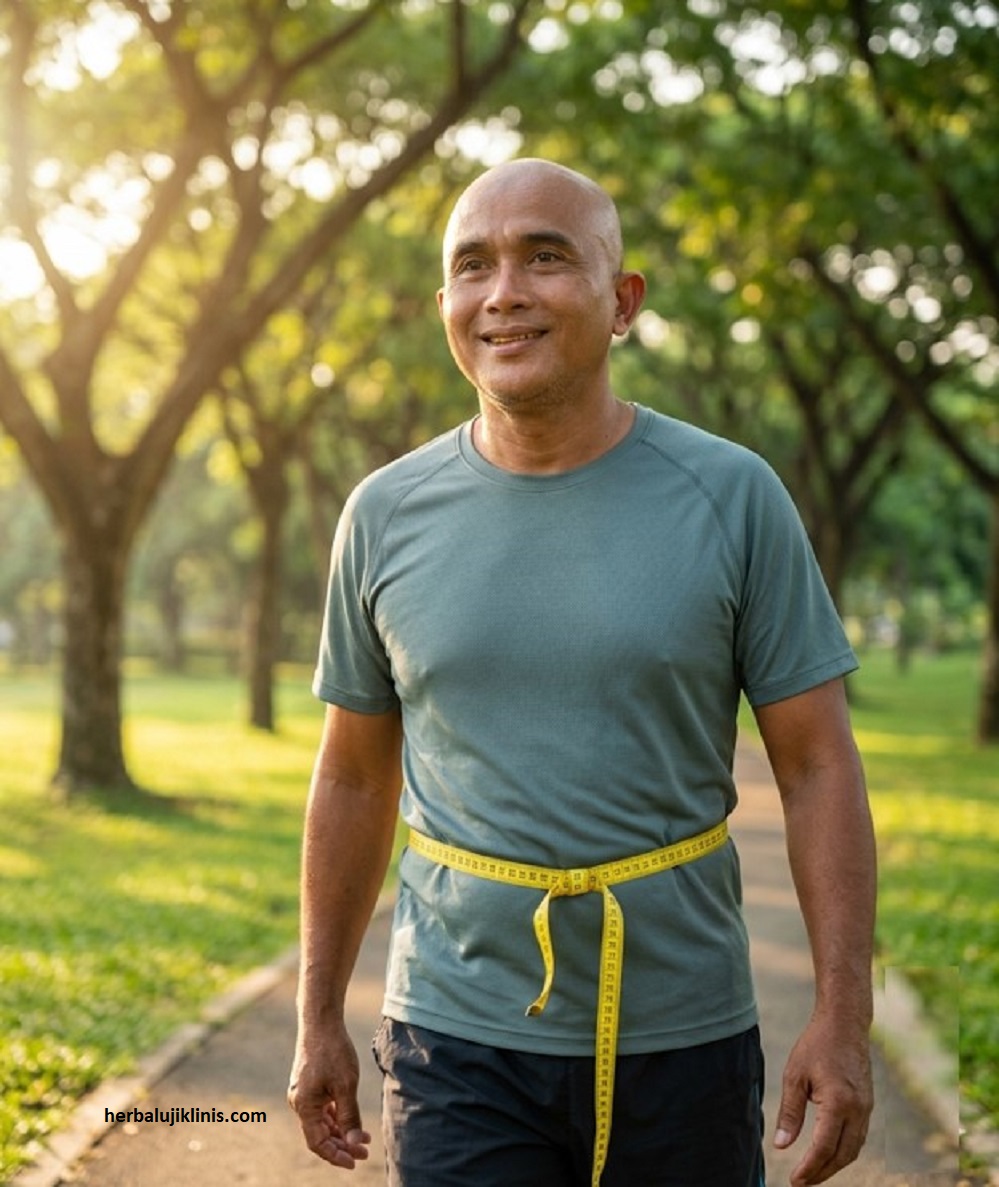 Pria paruh baya bugar tersenyum jalan kaki pagi di taman, meteran jahit melingkar longgar di pinggang, melambangkan cara mengecilkan perut buncit secara alami.