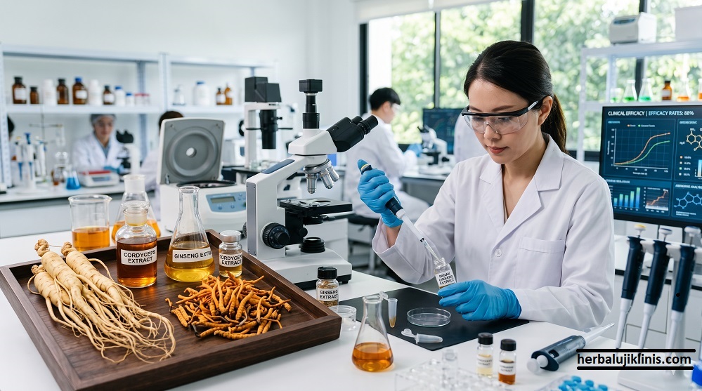 Peneliti medis di laboratorium modern sedang melakukan uji klinis dan analisis senyawa terhadap ekstrak ginseng dan cordyceps
